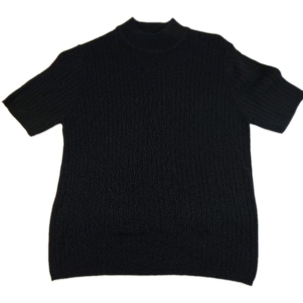 Laura Scott Cable Knit Sweater Womens M Black Mock Neck Short Sleeve Top